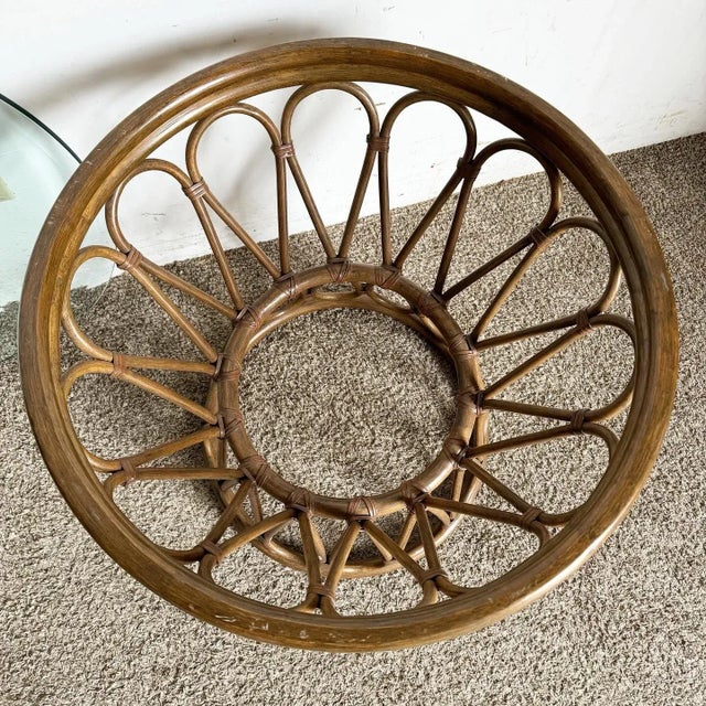Boho Chic Bamboo Rattan Circular Beveled Glass Top Side Table For Sale In Miami - Image 6 of 7