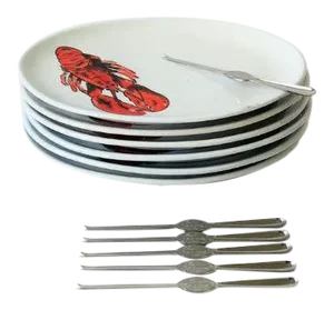 Vintage Designer Italian Lobster Plates With Forks From Sweden - Set of 6