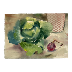 Eloise Gardiner Giles Cabbage and Onion Watercolor With Collage