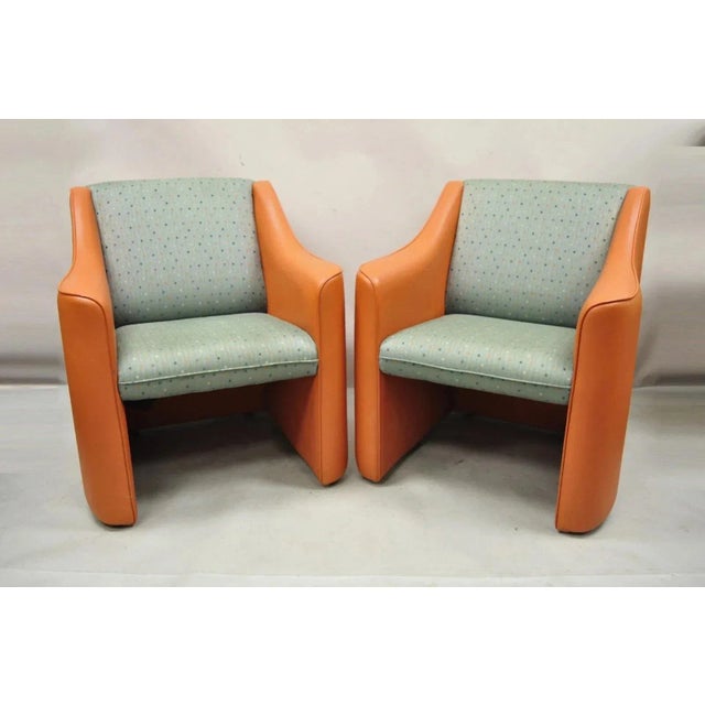 Postmodern MCM Style Orange & Green Lounge Chairs by Global Upholstery Company Ltd - a Pair. Item features burnt orange...