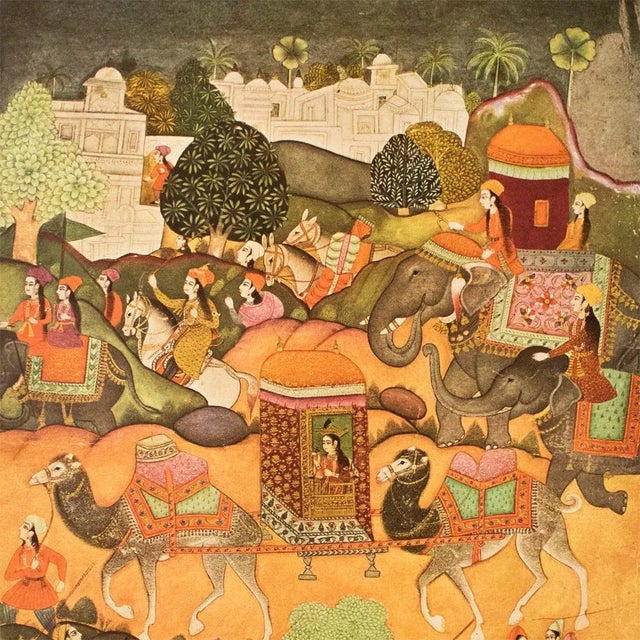 English 1950 Princess Voyaging in a Palanquin, Gold-Leafed Parisian Offset Lithograph For Sale - Image 3 of 13