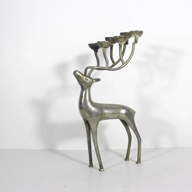 Metal Mid Century Modern Silver Reindeer Candle Holder Candelabra Christmas For Sale - Image 7 of 9