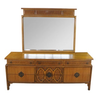 Mid Century Chinoiserie Walnut Burl Triple Dresser & Mirror Credenza Buffet MCM For Sale