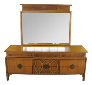Mid Century Chinoiserie Walnut Burl Triple Dresser & Mirror Credenza Buffet MCM
