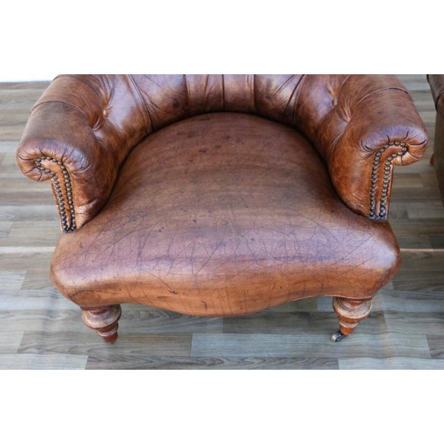 Pair of Vintage 1980s Distressed Brown Leather Tufted Library Armchairs For Sale - Image 11 of 18