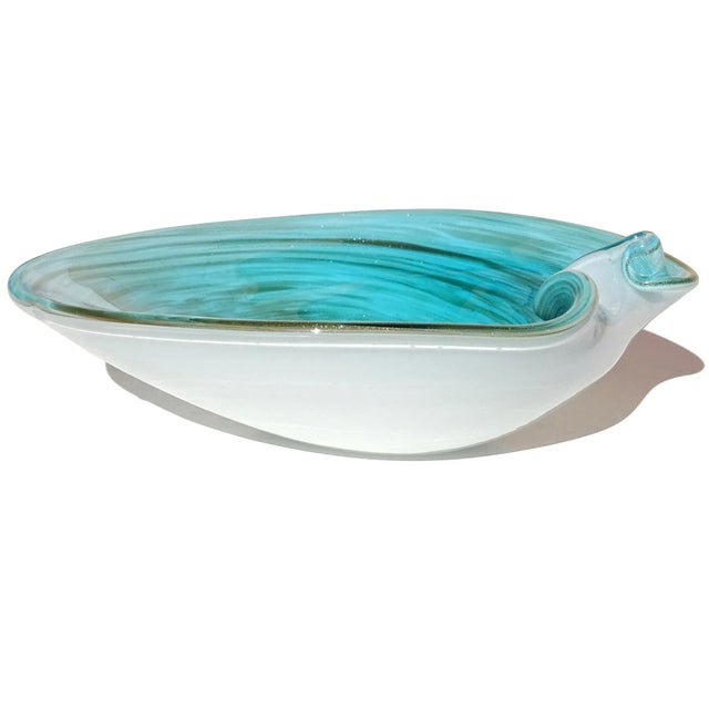 Late 20th Century Murano Aqua Blue Copper Aventurine Swirls Vintage Italian Art Glass Scroll Edge Decorative Bowl For Sale - Image 5 of 5