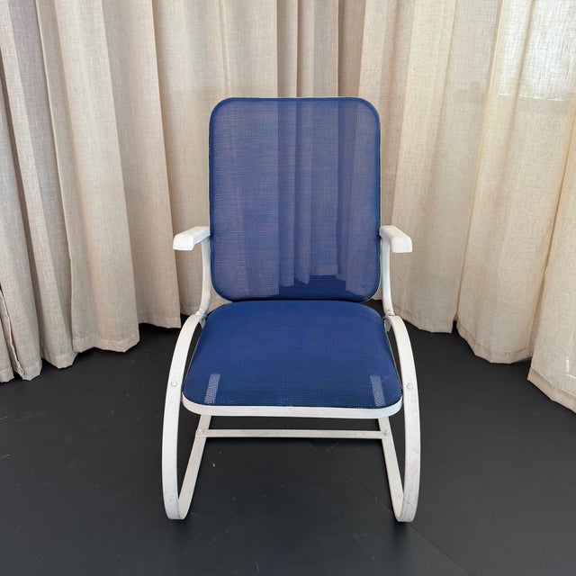 Mid-Century Modern Blue Mesh Cantilever Outdoor Patio Armchair For Sale - Image 4 of 6