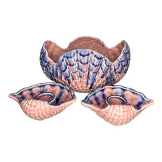 Vintage Pink and Purple Ceramic Majolica Clam Shell Candle Holder and Bowl Set- 3 Pieces For Sale