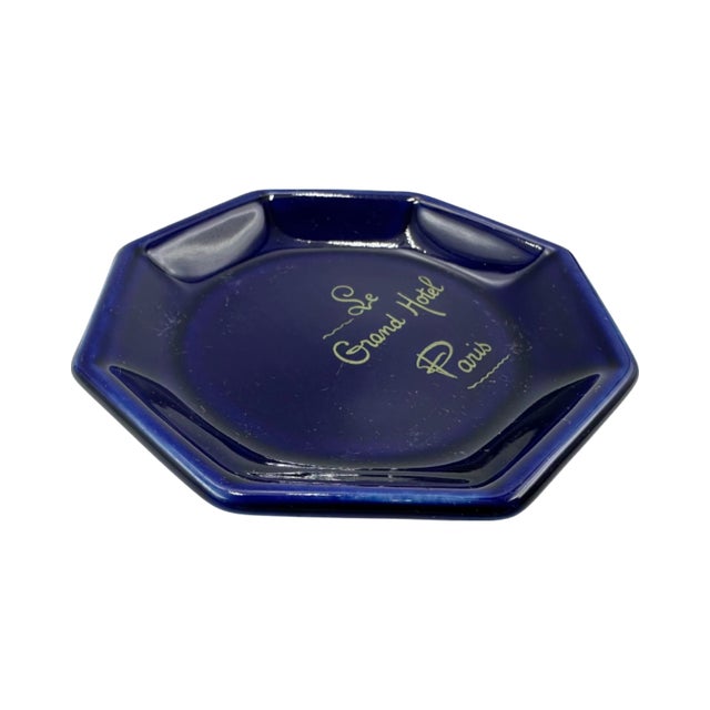 Mid-Century Modern Vintage 5-Star Le Grand Hotel Paris Ashtray Trinket Dish Cobalt Blue For Sale - Image 3 of 12