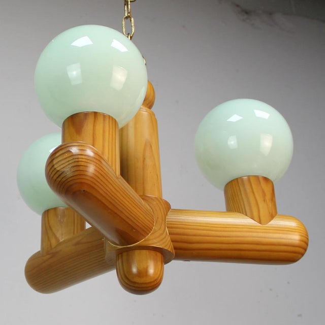 Vintage Ceiling Lamp in Wood and Green Glass, 1970s For Sale - Image 6 of 8