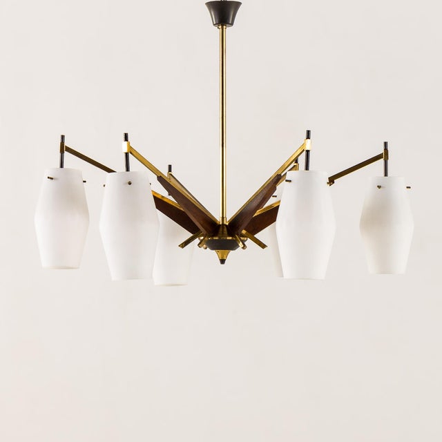 Mid-Century Italian Brass and Teak Chandelier in the style of Stilnovo, 1960s For Sale - Image 6 of 10