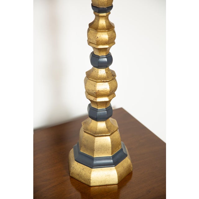 Large Mid-century cast metal buffet lamps. Hollywood regency bold style with stacked geometric shapes. Listing is for a...