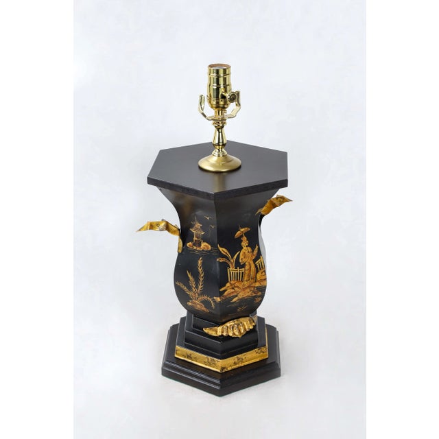 Chinoiserie Vintage Chinoiserie Design Hexagonal Vase Lamp With Golden Leaf Handles For Sale - Image 3 of 6