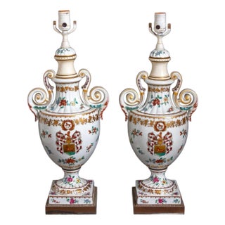Chinese Export Style Armorial Porcelain Vases as Lamps, Pair For Sale