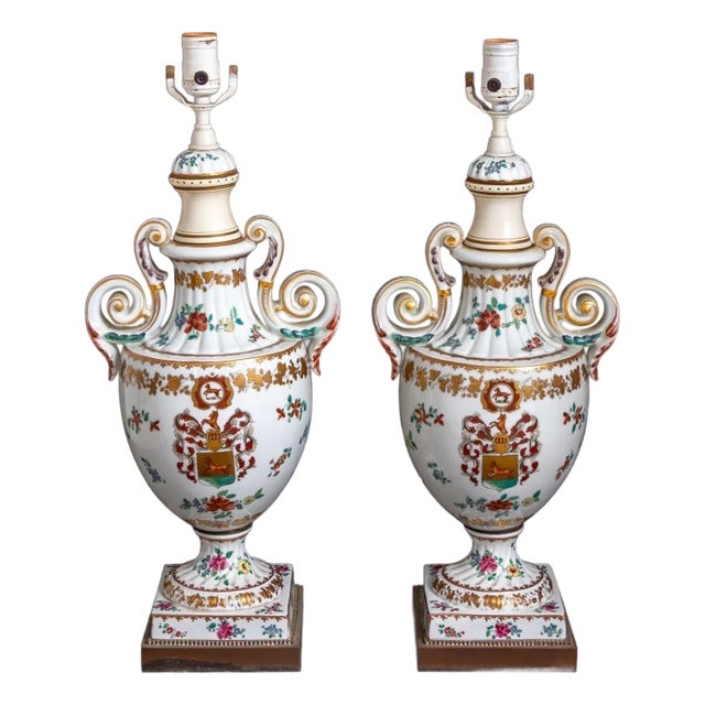 Chinese Export Style Armorial Porcelain Vases as Lamps, Pair For Sale