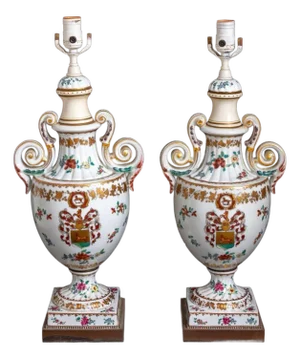 Chinese Export Style Armorial Porcelain Vases as Lamps, Pair