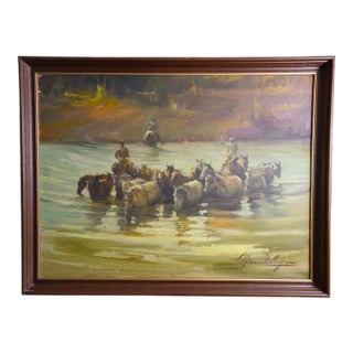 Mid 20th Century Morando Luque Original Oil Painting – Western Riders & Horses in River Scene (Framed), Framed For Sale