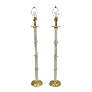 Late 20th Century Waterford Kinsale Crystal Glass Column Brass Empire Style Floor Lamp - A Pair For Sale