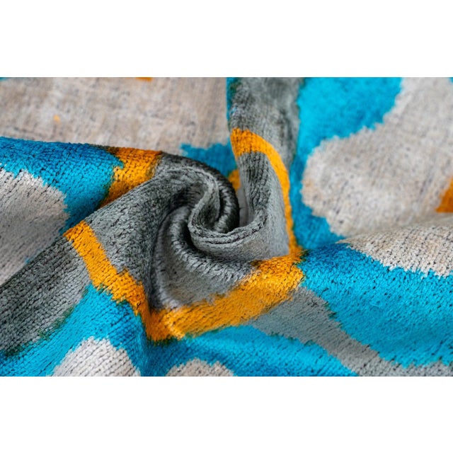 2020s Handmade Velvet Throw Pillow With Blue, Yellow, and Gray & Down Feather Insert For Sale - Image 5 of 6