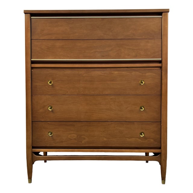 Mainline by Hooker Mid-Century Walnut and Brass Five Drawer Highboy Dresser, Attributed For Sale