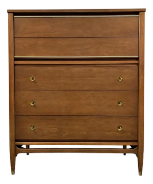 Mainline by Hooker Mid-Century Walnut and Brass Five Drawer Highboy Dresser, Attributed