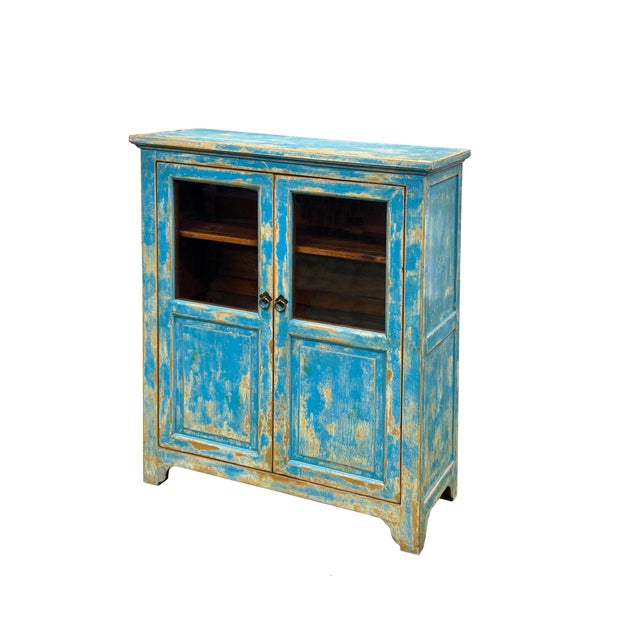 Shabby Chic Turquoise Blue Half-Glass Doors Medium Size Cabinet For Sale - Image 4 of 15