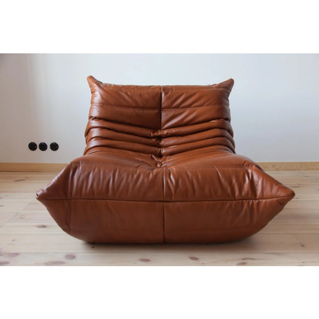 Cognac Brown Leather Togo Living Room by Michel Ducaroy for Ligne Roset, Set of 5 For Sale - Image 11 of 13