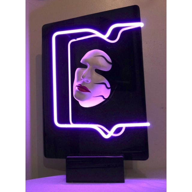Black 1990s Craig Kraft Studio Lucite and Ceramic Neon Light Mask Sculpture Statue Modern For Sale - Image 8 of 12