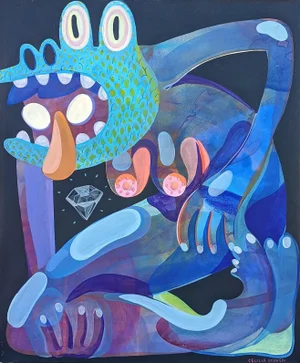 21st Century Contemporary Abstract Green, Purple, and Blue Biomorphic Lizard Figure Painting by Cecilia Beaven