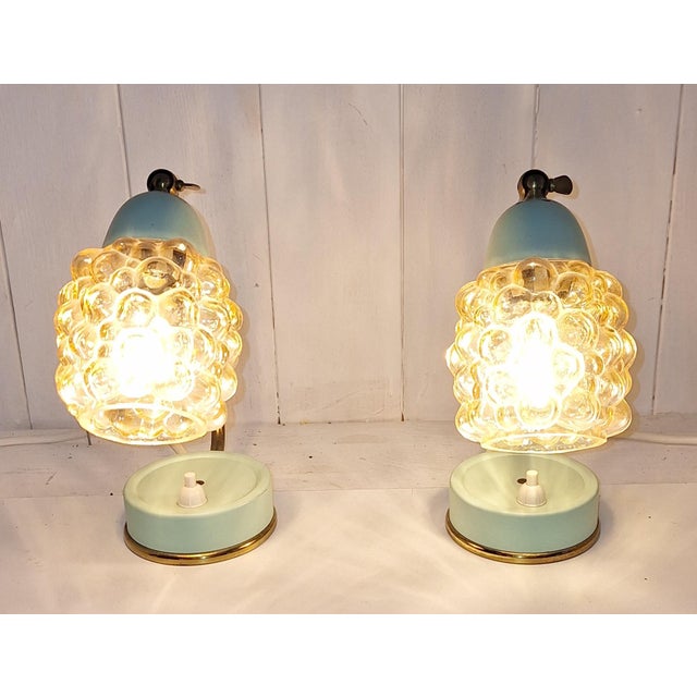 Mid-Century Bedside Lamps with Blue-Green Lacquered Metal Frames, Brass Archs and Amber Bubble Glass Shades, 1960s, Set of 2 For Sale - Image 9 of 12