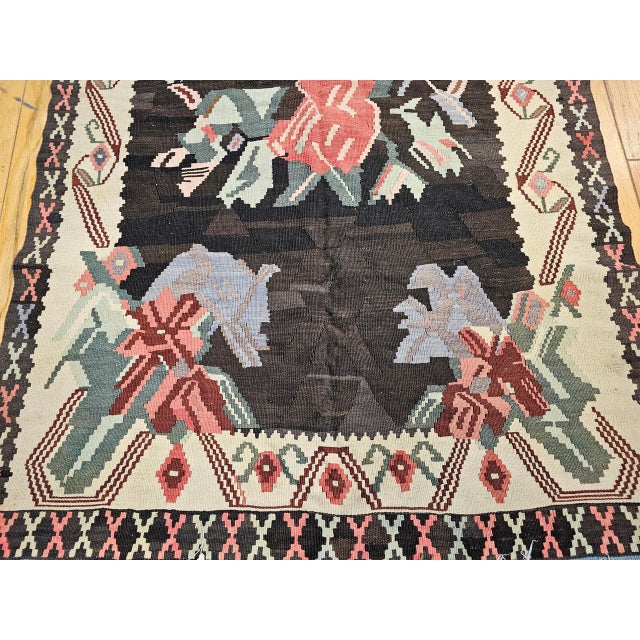Vintage Caucasian Karabagh Kilim, Flat-Woven Wool, Floral Bouquet Pattern, Dark Brown & Ivory, 5x8 For Sale - Image 12 of 17