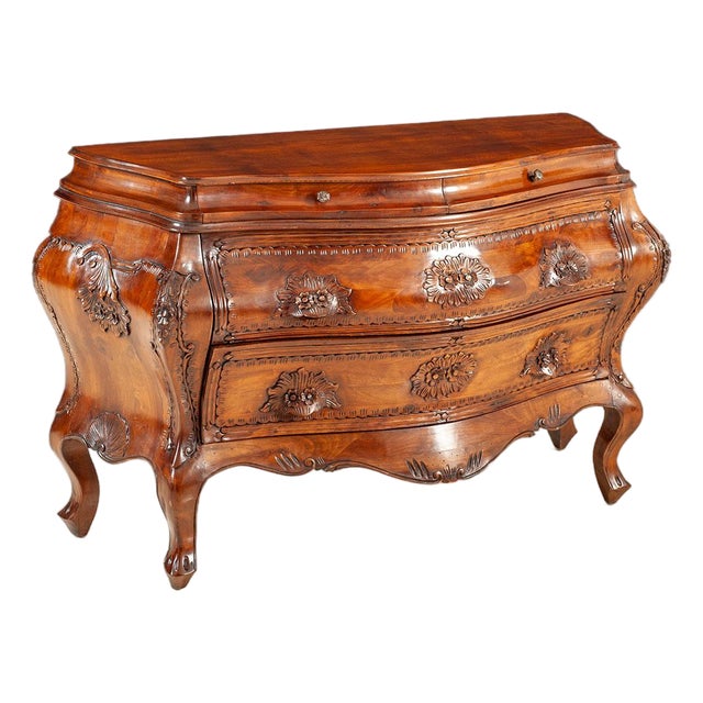 Italian Antique Solid Walnut Bombay Chest With Carved Floral Motifs For Sale