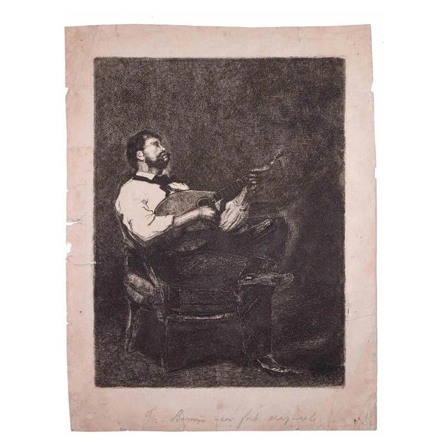 François Bonvin, Guitar Player, Original Etching, 1861 For Sale