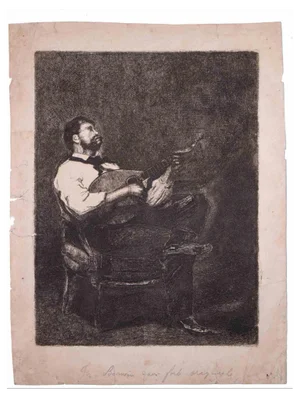 François Bonvin, Guitar Player, Original Etching, 1861