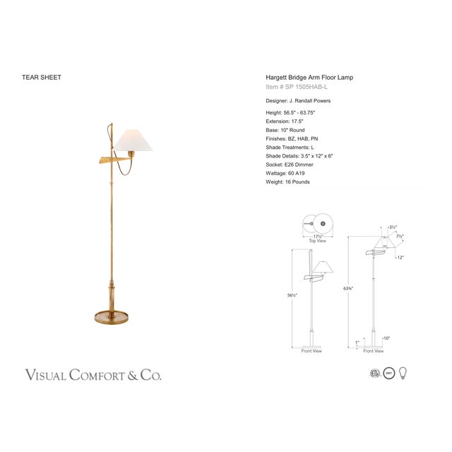 J. Randall Powers by Visual Comfort Signature Hargett Bridge Arm Floor Lamp in Hand-Rubbed Antique Brass with Linen Shade...