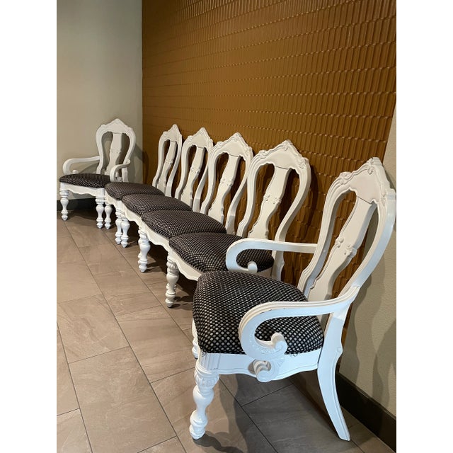 Late 20th Century Carved French Provincial Upholstered Painted Dining Chairs, Set of 6 For Sale - Image 4 of 12