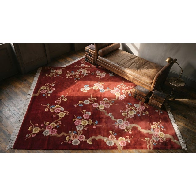 1930s Red Floral Modern Antique Chinese Art Deco Rug 8' X 10'2" Handknotted Wool Carpet For Sale - Image 17 of 17