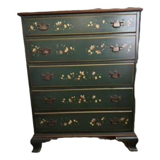 Vintage Drexel Dresser/Chest - Deep Green With Custom Chinoiserie-Inspired Hand-Painted Floral Lacquer Finish For Sale