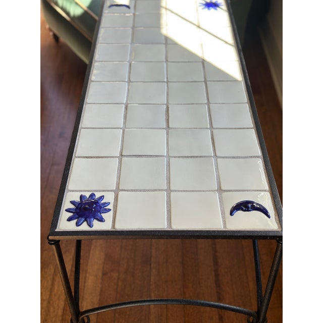 Mid-Century Modern Vintage Mid-Century Modern Italian Wrought Iron and Majolica Tile Coffee Table – Celestial Sun & Moon For Sale - Image 3 of 17
