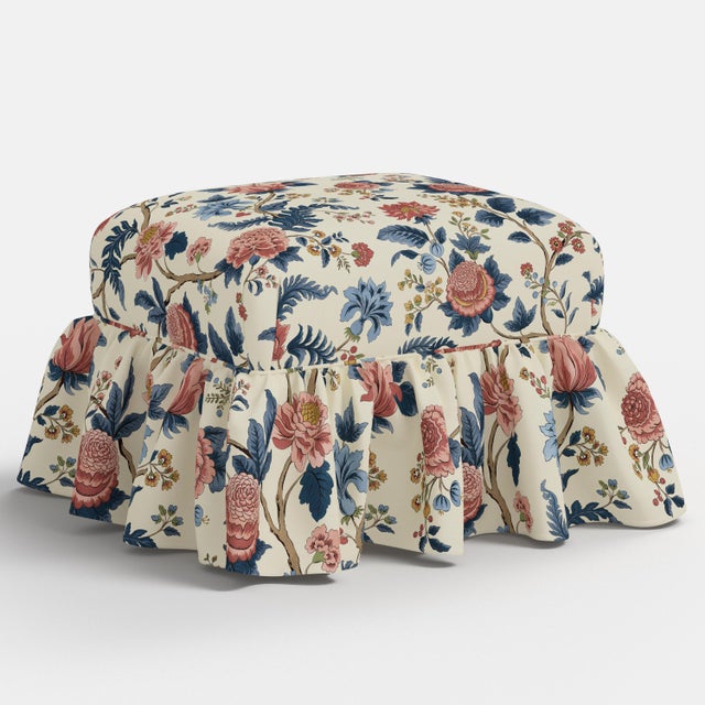 Edith Ruffle Ottoman in Dusty Blue Tree of Life For Sale