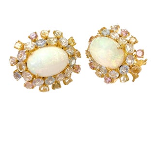 Bochic “Orient” Opal & Multi Sapphire Earrings Set In 18K Gold & Silver - 2 Pieces For Sale