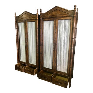 Late 20th Century Vintage Century Furniture Faux Bamboo Armoire Cabinets- A Pair For Sale