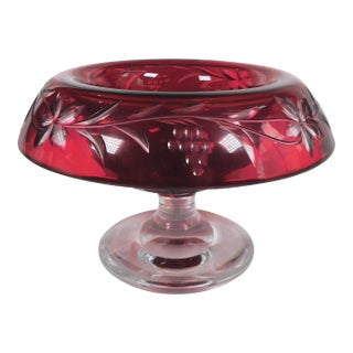 1970s Red Cut to Clear Compote With Clear Base For Sale