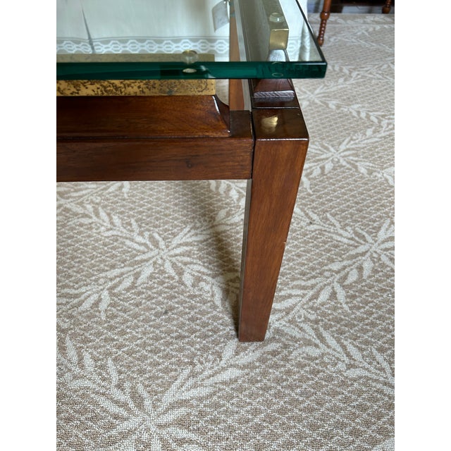 View of Wood & Brass Coffee Table With Floating Glass Top | Chairish