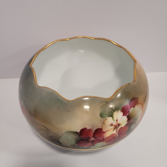 Art Nouveau Antique Hand-Painted Floral Jardiniere Bowl Vase--Bavaria For Sale - Image 3 of 10