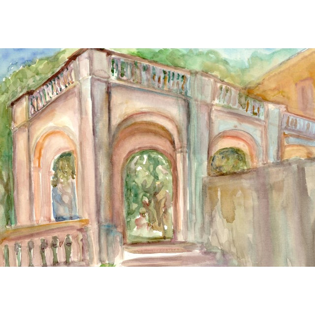Verdant watercolor landscape with architectural elements of archways leading to a lush garden by California artist...