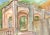 Verdant watercolor landscape with architectural elements of archways leading to a lush garden by California artist...