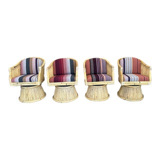 Rare Set of 4 McGuire Bamboo Rocking Swivel Lounge Chairs in Knoll “Stripe It” With Matching Table, Circa 1980s For Sale