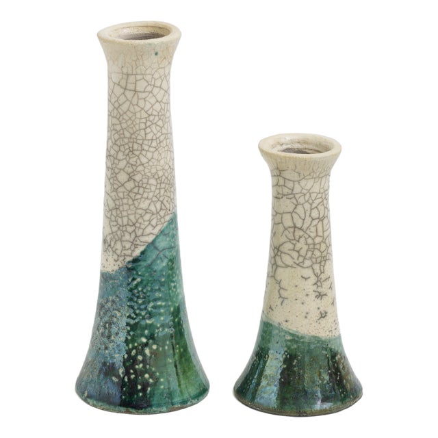 Japanese Modern White Green Raku Ceramic Stelo Flow Candle Holders by Laab Milano, Set of 2 For Sale