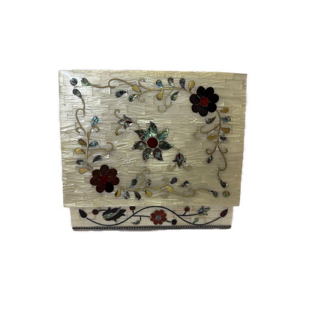 Handmade Mother of Pearl Jewelry Box Floral Inlay Wood Case For Sale - Image 6 of 9